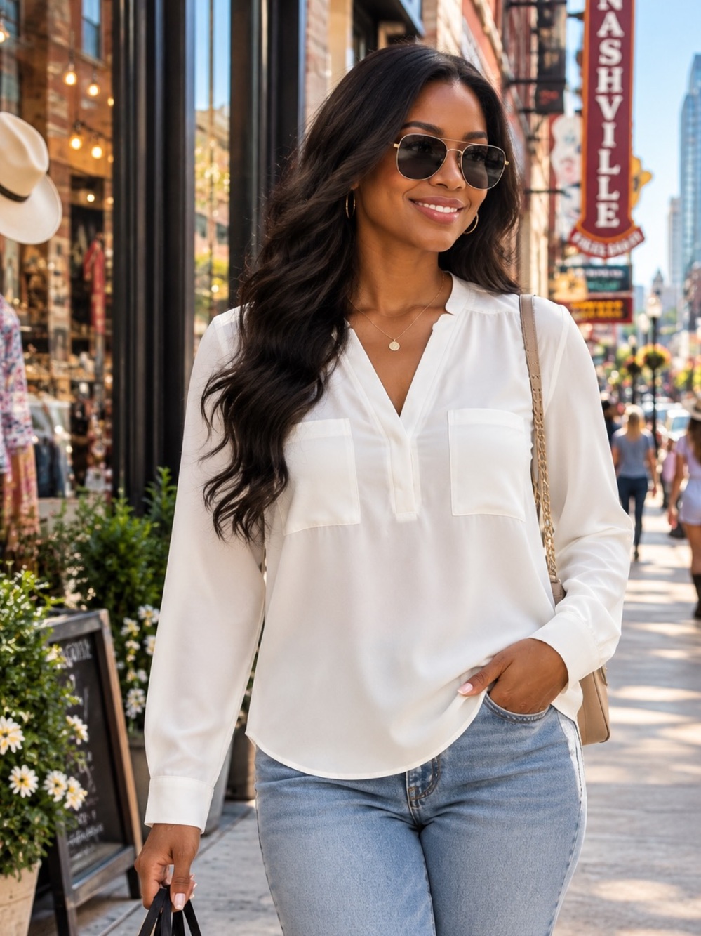 Nine West Cream V-Neck Tunic Blouse with Front Pockets